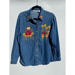 Denim Shirt Womens Medium Blue Button Embroidered Scarecrow Sunflower Fall Cute